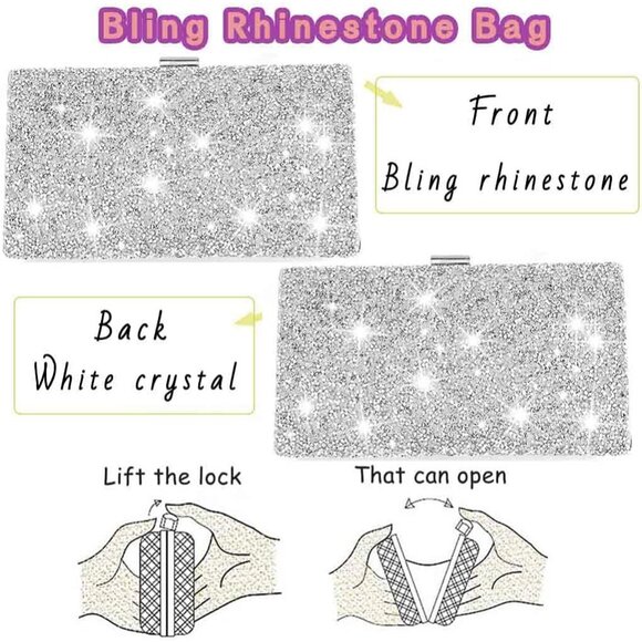 ⚡ Women\'s Glitter Double Sided Diamond Evening Clutch Crossbody Silver Bag